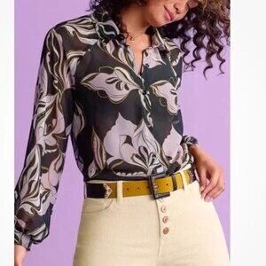 CABI Heirloom Blouse Floral Print Black Mauve & Sage Long Sleeve Sz S #4615 EUC